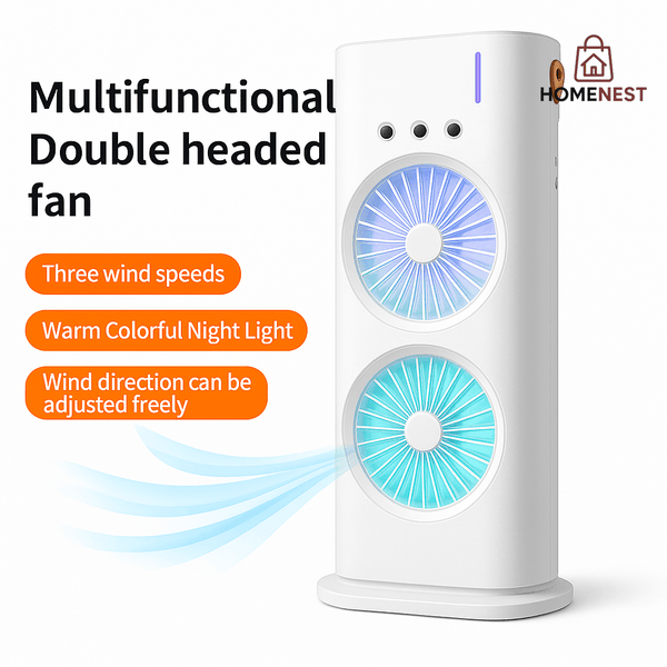 Rechargeable Rotating Spray Fan Automatic Rotating Dual Double Spray Mist Fan with Lightening Effects