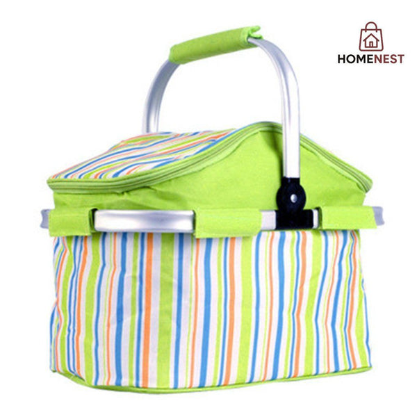 Foldable Camping Insulated Picnic Bag Strips Design (Green)