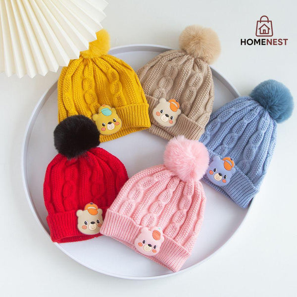 Winter Woolen Cap With 1 Pom Pom Cap Bear
