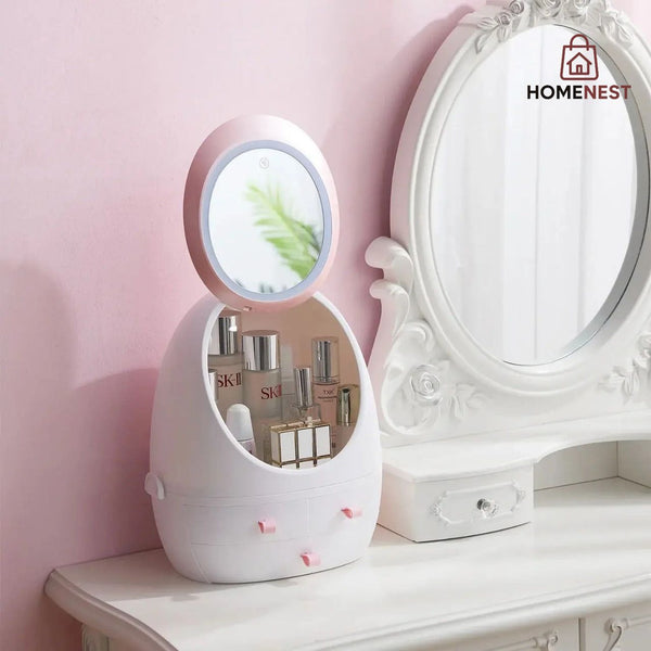 Oval Mirror Cosmetic Storage Organizer With LCD Light